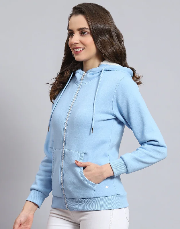 Women Blue Solid Hooded Full Sleeve Sweatshirt