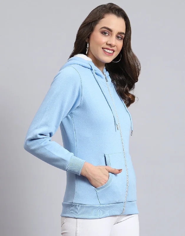 Women Blue Solid Hooded Full Sleeve Sweatshirt