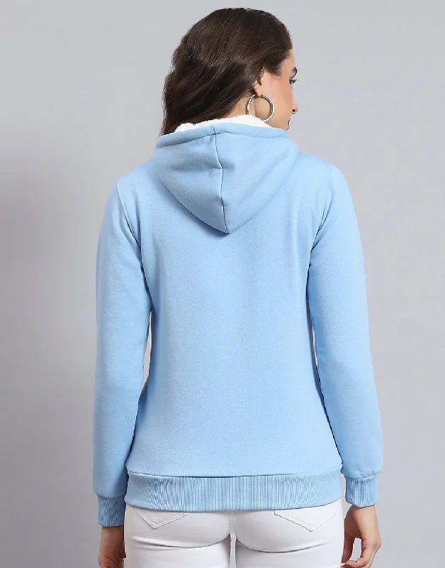 Women Blue Solid Hooded Full Sleeve Sweatshirt