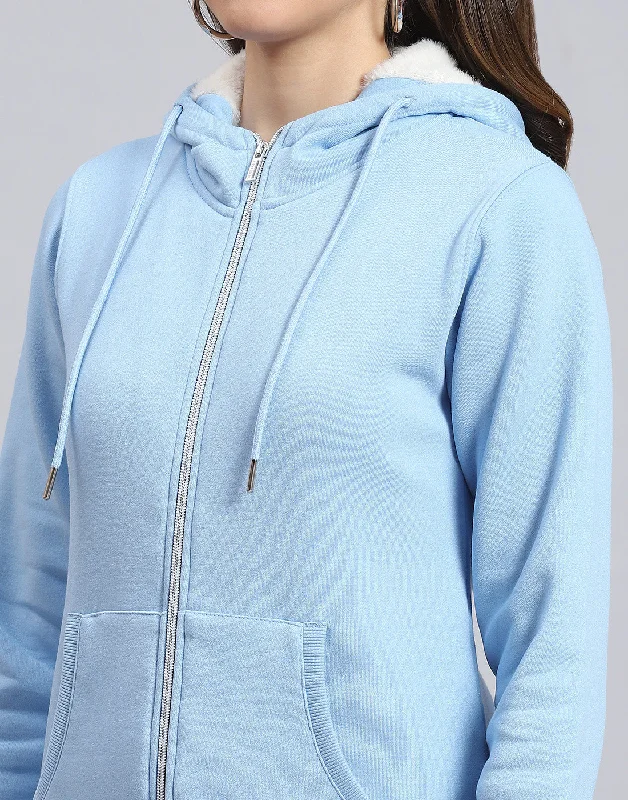 Women Blue Solid Hooded Full Sleeve Sweatshirt