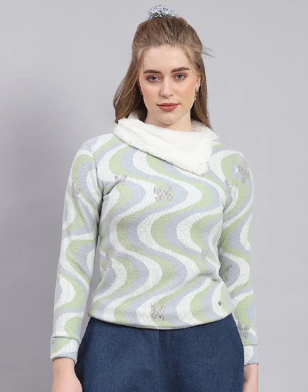 Women Green Printed Collar Full Sleeve Sweatshirt