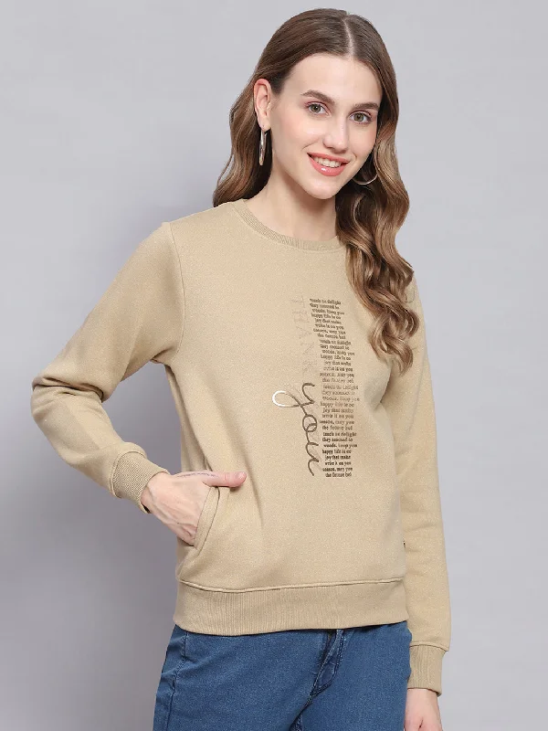 Women Khaki Printed Round Neck Full Sleeve Sweatshirts