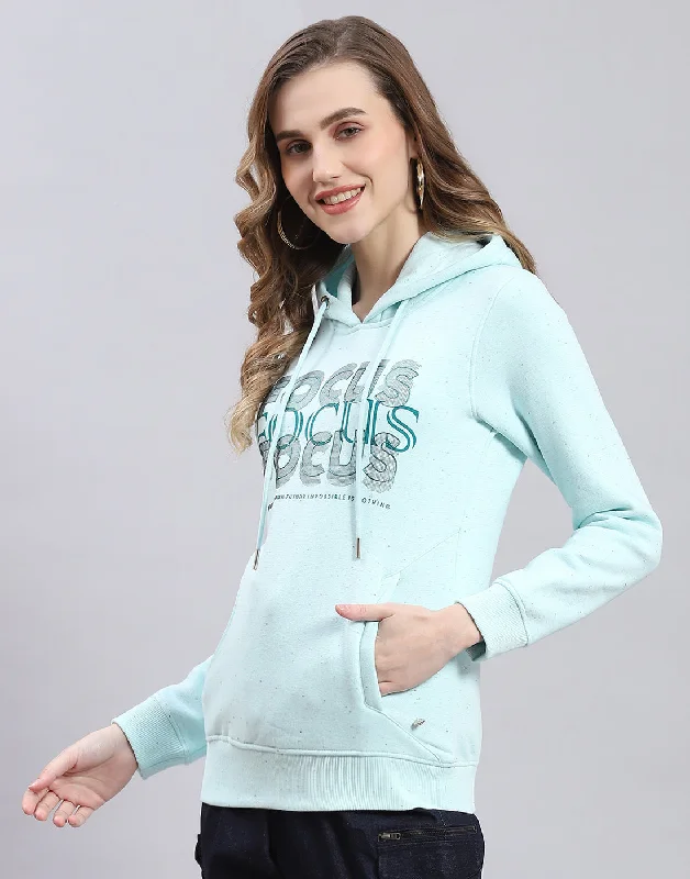 Women Turquoise Blue Printed Hooded Full Sleeve Sweatshirt