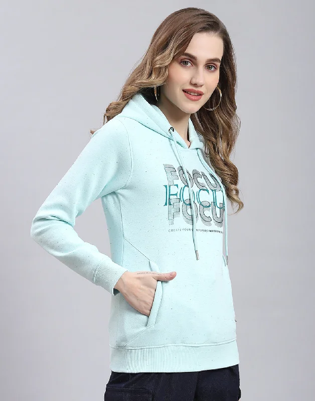 Women Turquoise Blue Printed Hooded Full Sleeve Sweatshirt