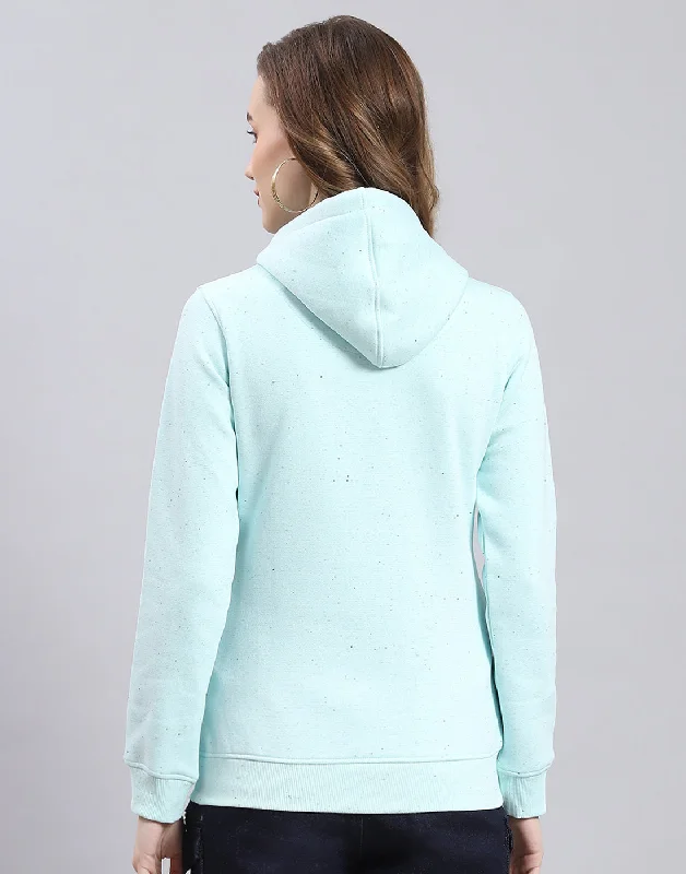 Women Turquoise Blue Printed Hooded Full Sleeve Sweatshirt