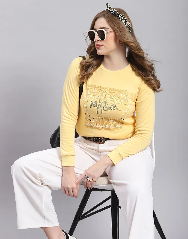 Women Yellow Printed Round Neck Full Sleeve Sweatshirt