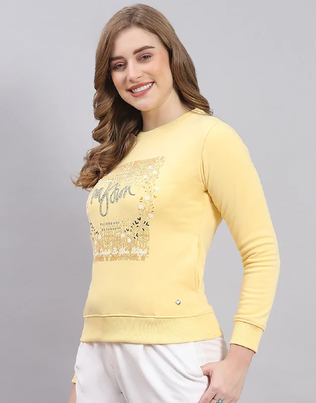 Women Yellow Printed Round Neck Full Sleeve Sweatshirt