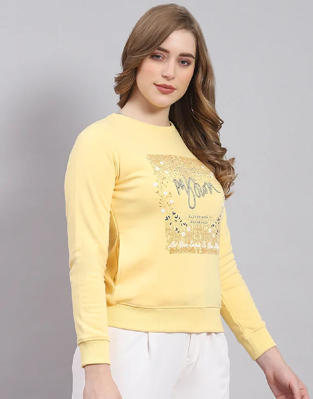 Women Yellow Printed Round Neck Full Sleeve Sweatshirt