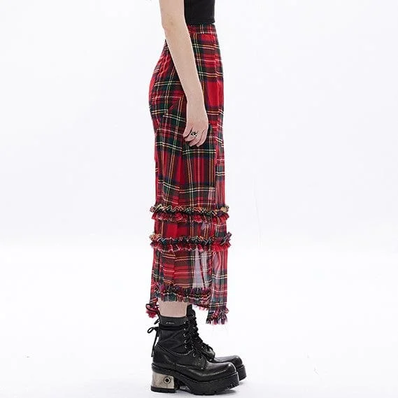 Women's Grunge Ruffles Red Plaid Irregular Hem Skirt