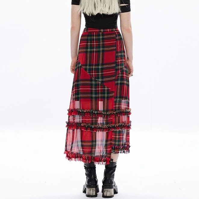 Women's Grunge Ruffles Red Plaid Irregular Hem Skirt