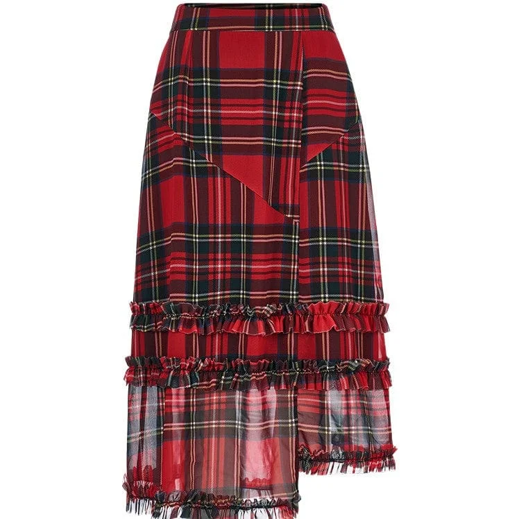 Women's Grunge Ruffles Red Plaid Irregular Hem Skirt