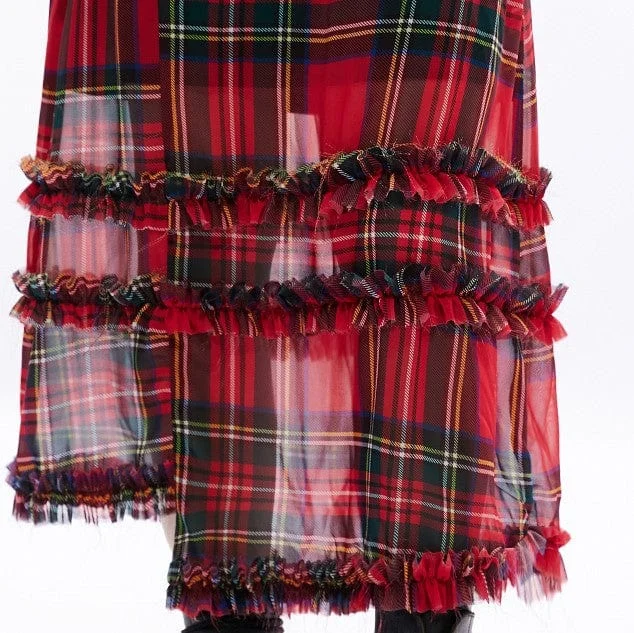 Women's Grunge Ruffles Red Plaid Irregular Hem Skirt