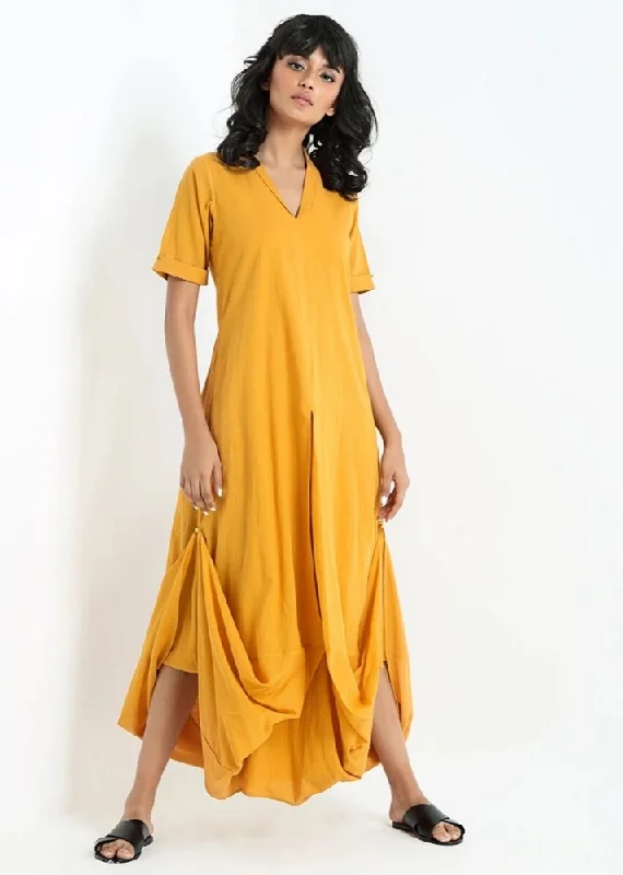 Yellow cowl and drape dress