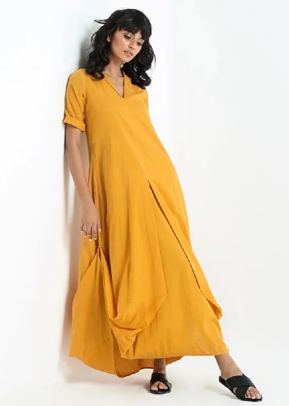 Yellow cowl and drape dress