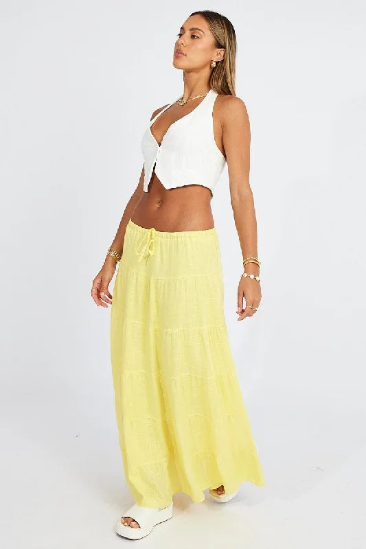 Yellow Maxi Skirt Tiered High Rise Linen Blend