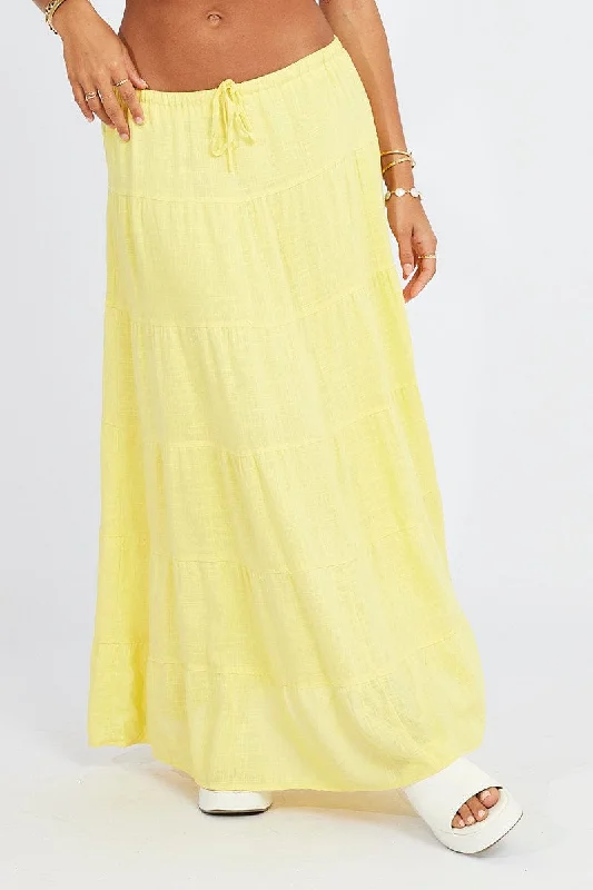 Yellow Maxi Skirt Tiered High Rise Linen Blend